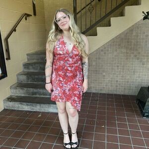 Floral Red Plunge Halter Dress